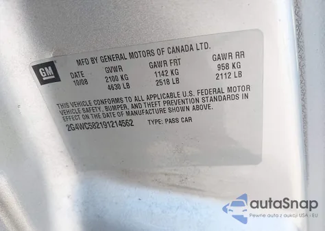 2009 Buick Lacrosse Cx z USA, uszkodzony, nr VIN 2G4WC582191214562